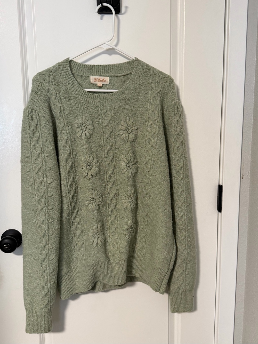 Listicle Sage Green Cable-Knit Crewneck Sweater w/ w/ Floral detail cottagecore